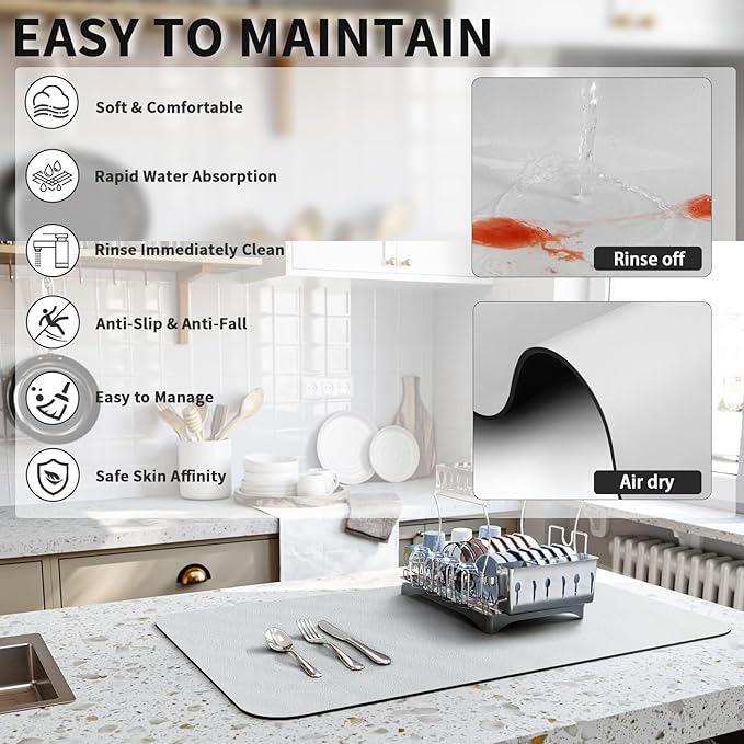 HotLive Dish Drying Mat for Kitchen Counter, Heat Resistant Drainer Mats with Non-slip Rubber Backed, Hide Stain Kitchen Super Absorbent Draining Mat, Easy to Clean Dish Rack Pad, Light Grey 18"x24" - Image 4
