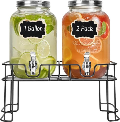 DHSBTLS 1 Gallon Glass Drink Dispensers, 2 Pack Clear Beverage Dispenser for Party, BBQ and Picnic, Juice Dispenser with Ice Core, Black Stand, Spigot, Markers and Chalkboard