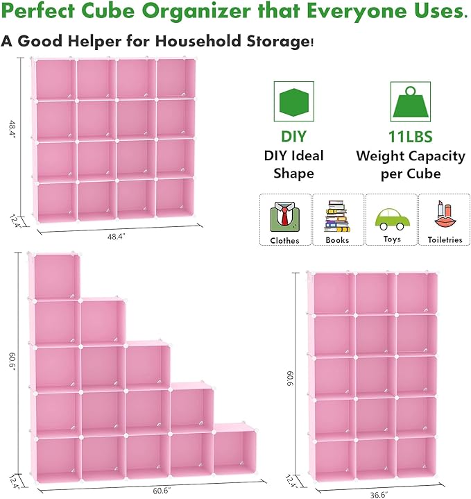 C&AHOME Cube Storage Organizer, 16-Cube Shelves Units, Plastic Storage Cubes, DIY Closet Organizer, Modular Closet Storage Shelves Ideal for Home, Bedroom, 48.4" L × 12.4" W × 48.4" H Pink UPCS16P - Image 2