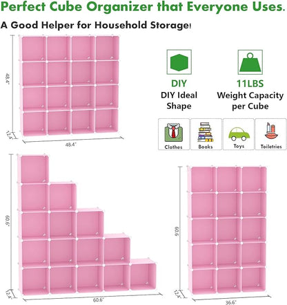 C&AHOME Cube Storage Organizer, 16-Cube Shelves Units, Plastic Storage Cubes, DIY Closet Organizer, Modular Closet Storage Shelves Ideal for Home, Bedroom, 48.4" L × 12.4" W × 48.4" H Pink UPCS16P - Image 2