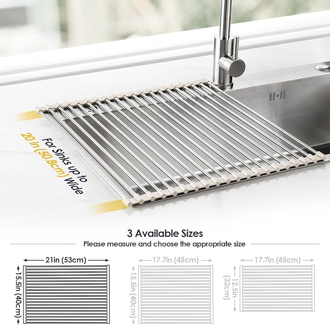 Tomorotec 21" x 15.5" Roll Up Dish Drying Rack Over Sink Drying Rack Sink Cover Kitchen Sink Accessories Gadget Multipurpose Organizer Foldable Stainless Steel Drainer - Image 4