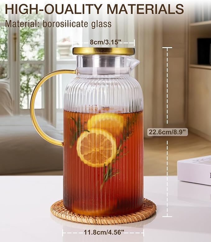 2 PACK Glass Pitcher with Lid 64 oz, Classic Vertical Stripes Pitcher with Lid and Handle, Water Jug for Hot/Cold Drinks, Borosilicate Glass Carafe for Coffee, Iced Sun Tea, Juice, Sangria - Image 4