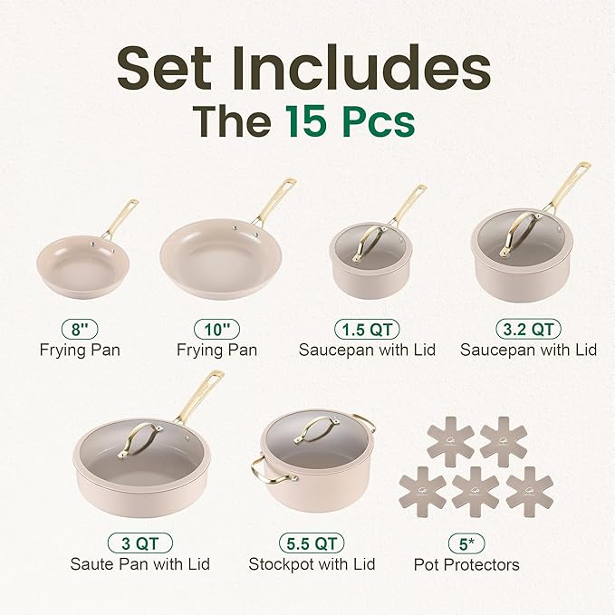 Chef Power Ceramic Cookware Sets, 15Pcs Pots and Pans Set Non Stick, Cookware Set with Stainless Steel Handle, Dishwasher & Oven Safe, Taupe and Light Gold Handle - Image 2