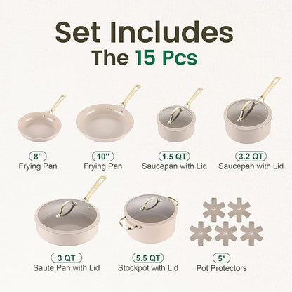 Chef Power Ceramic Cookware Sets, 15Pcs Pots and Pans Set Non Stick, Cookware Set with Stainless Steel Handle, Dishwasher & Oven Safe, Taupe and Light Gold Handle - Image 2