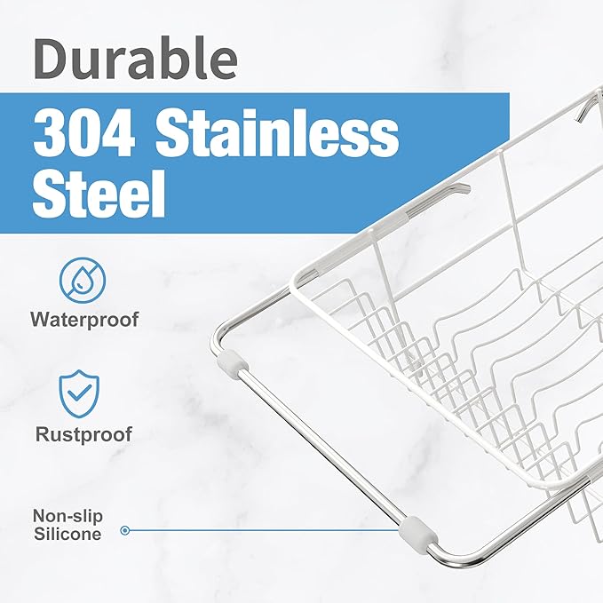 JASIWAY Dish Drying Rack in Sink, Small Dish Drainers for Inside Sink, Over The Sink Dish Racks, Stainless Steel Drying Rack with Utensil Holder, White - Image 5