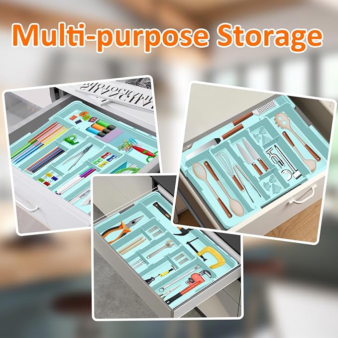 Large Utensil Drawer Organizer Expandable Silverware Organizer for Kitchen Drawer Adjustable Cooking Utensil Holder Cutlery Flatware Tray Spatula Tools Gadgets Storage Dividers Plastic Turquoise - Image 9