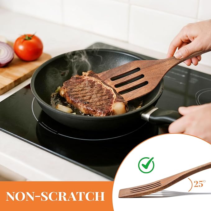 3Pcs Wooden Spatulas, Acacia Wood 12inch Long Handle Flat Frying Turner, Non-Stick Wooden Spoons for Cooking, Kitchen Utensils Set for Flipping, Scraping and Turning - Image 3
