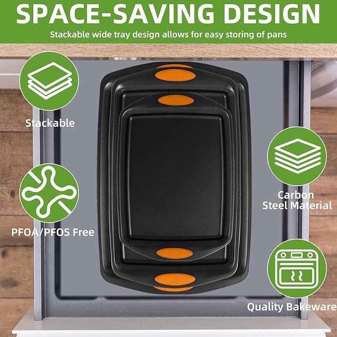 5-Piece Nonstick Baking Pans Set - Premium Carbon Steel Bakeware with PFOA/PFOS/PTFE-Free Coating, Red Silicone Handles (Black Orange) - Image 3