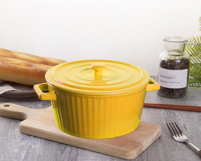 WHJY Yellow Colorful Ceramic Casserole Dish with Lid，1 Quart Ceramic Casserole Pan for Bakeware Oven