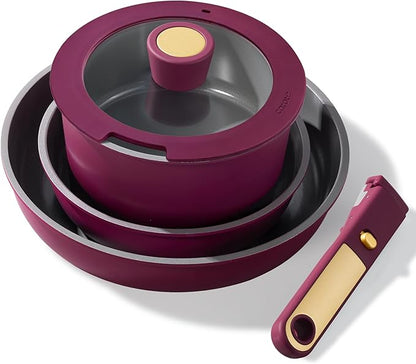 CAROTE Ceramic Pots and Pans Set, Nonstick Cookware Set Detachable Handle, 6pcs Induction Kitchen Cookware Sets Non Stick with Removable Handle, RV Cookware Set, Oven Safe, Purple by CAROTE