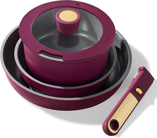 CAROTE Ceramic Pots and Pans Set, Nonstick Cookware Set Detachable Handle, 6pcs Induction Kitchen Cookware Sets Non Stick with Removable Handle, RV Cookware Set, Oven Safe, Purple by CAROTE