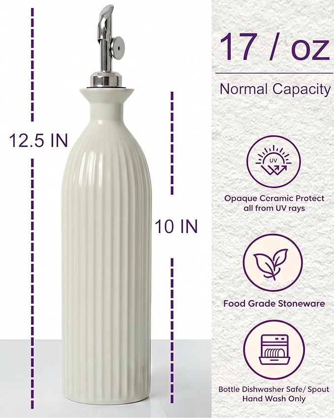Ceramic Olive Oil Dispenser Bottle,17 oz Stoneware Relief oil container for kitchen with Stainless Gravity Spout, Suitable for Cooking,Sauce,syrup - Reactive White