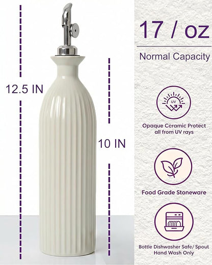 Ceramic Olive Oil Dispenser Bottle,17 oz Stoneware Relief oil container for kitchen with Stainless Gravity Spout, Suitable for Cooking,Sauce,syrup - Reactive White