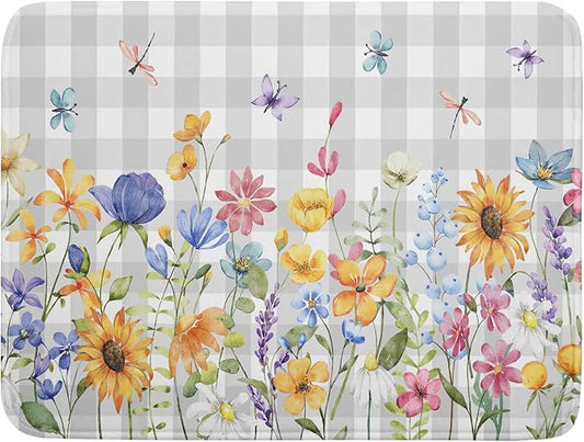 Giwawa Spring Floral Dish Drying Mat, Summer Flower Grey Buffalo Plaids Dish Drainer Mats, Wildflower Butterfly Check Reversible Drying Rack Pad Protector for Kitchen Countertop Decor, 18"x24"