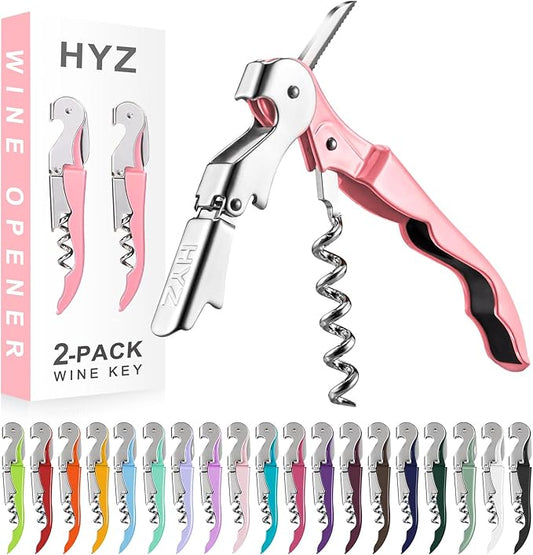 HYZ 2-Pack Wine Opener Waiter Corkscrew, Professional Wine Key for Servers, Bartender with Foil Cutter, Manual Wine Bottle Opener Double Hinged (Pink Mesa) by HYZ
