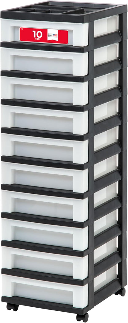 IRIS USA Plastic Drawer Storage Organizer Rolling Cart, with Wheels Casters, 10-Drawers, for Classroom Art Craft Supplies Dresser Closet Bathroom Laundry Room, Black/Pearl by IRISUSA