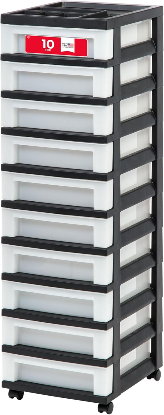 IRIS USA Plastic Drawer Storage Organizer Rolling Cart, with Wheels Casters, 10-Drawers, for Classroom Art Craft Supplies Dresser Closet Bathroom Laundry Room, Black/Pearl by IRISUSA