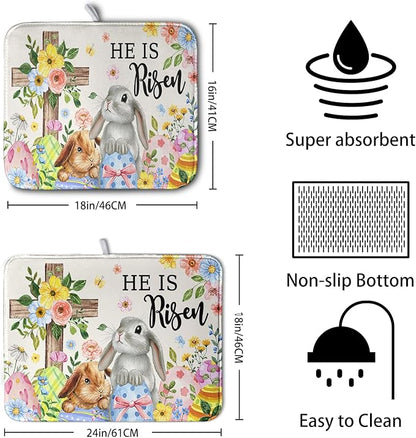 He is Risen Easter Dish Drying Mat for Kitchen Counter Bunny Floral Cross Dish Drainer Mats Spring Rabbit Flowers Egg Dish Drying Pads Absorbent Microfiber Reusable Dish Rack Mat 16x18 Inch - Image 2
