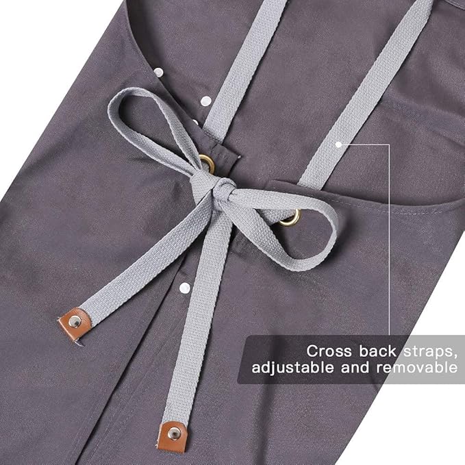 Mignongirl Chef Apron,Cross Back Apron for Men Women with Adjustable Straps and Large Pockets,Canvas,M-XXL (Grey) - Image 5