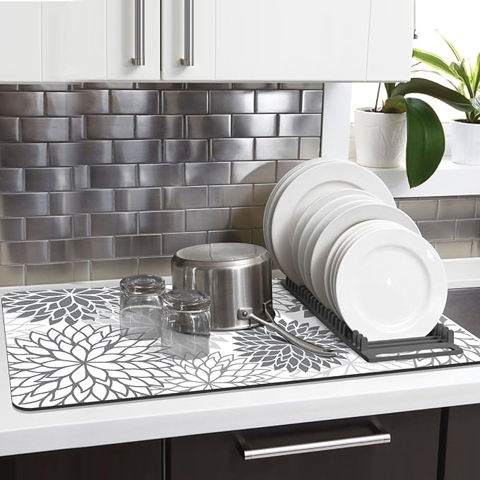 Findosom 2PCS 17" x 32" Dish Drying Mat & 24" x 5.5" Sink Splash Guard, Super Absorbent & Cuttable Dish Mat Drying Kitchen Mat with Gray Floral, Hide Stain Drying Mat for Kitchen Counter - Image 7