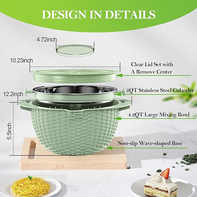 4 in 1 Colander with Bowl Set, Food Strainers and Colanders, Colander for Kitchen, Pasta Strainer, Fruit Washing Bowl, Kitchen Essentials Strainer Basket Bowl, Green, Christmas & New Year Gifts - Image 7