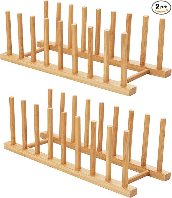 HBlife 2pcs Bamboo Dish Plate Bowl Cup Book Pot Lid Cutting Board Drying Rack Stand Drainer Storage Holder Organizer Kitchen Cabinet（Keep Dry） by HBlife