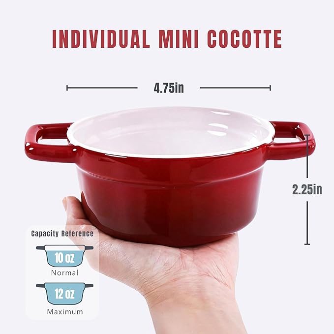 Lareina Mini Cocotte - 12oz Ceramic Casserole Dishes - Kitchen Casserole Sets With Handles And Lid - Small Baking Ramekins - Oven, Microwave & Dishwasher Safe - Set of 4 - Red - Image 6