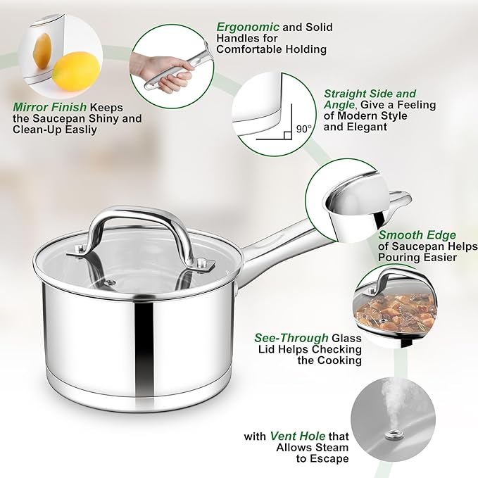 TeamFar 2 qt Saucepan with Lid, Stainless Steel Small Sauce Milk Pan with Tri-ply Bottom for Induction/Gas/Electric/Ceramic, Healthy & Heavy Duty, Mirror Finish & Straight Side, Dishwasher Safe - Image 3