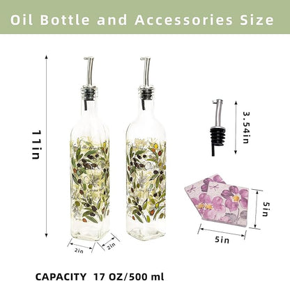 Topadorn 17 oz Olive Oil Dispenser Bottle Set for Kitchen, 2 Pcs Glass Oil Dispenser Bottle with Stainless Steel Pourers, 2 Packs of Napkins, Fruit