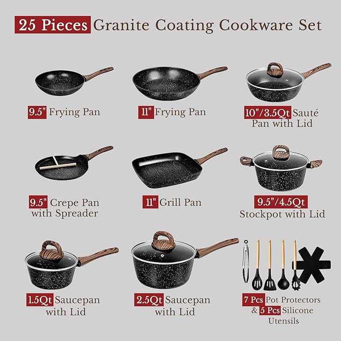 EWFEN 25 Pcs Pots and Pans Set, Nonstick Ceramic Cookware Sets, Healthy Non-Toxic, Large Capacity, Induction Compatible, Cooking Set with Frying Pans & Saucepans, PFAS/PTFE/PFOA Free, Classic Black - Image 2