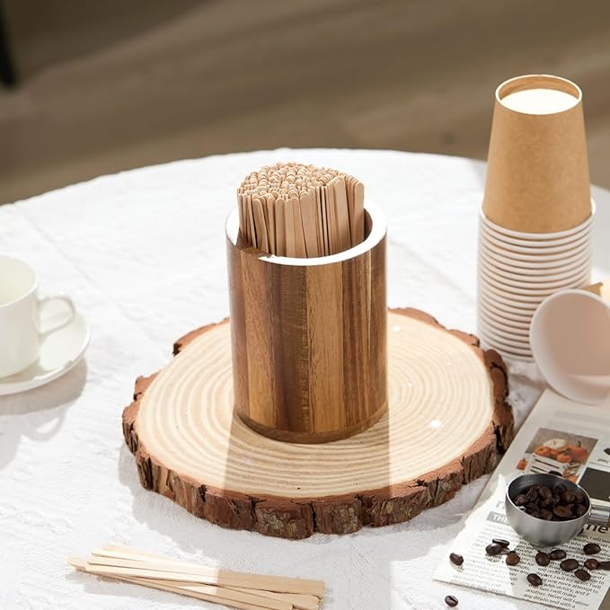 Acacia Wood Coffee Stirrer Holder Set with 100 Disposable Stir Sticks, Wooden Bar Accessories for Milk Cocktail Tea Drinks Straws, Organizer for Station Countertop - Image 8