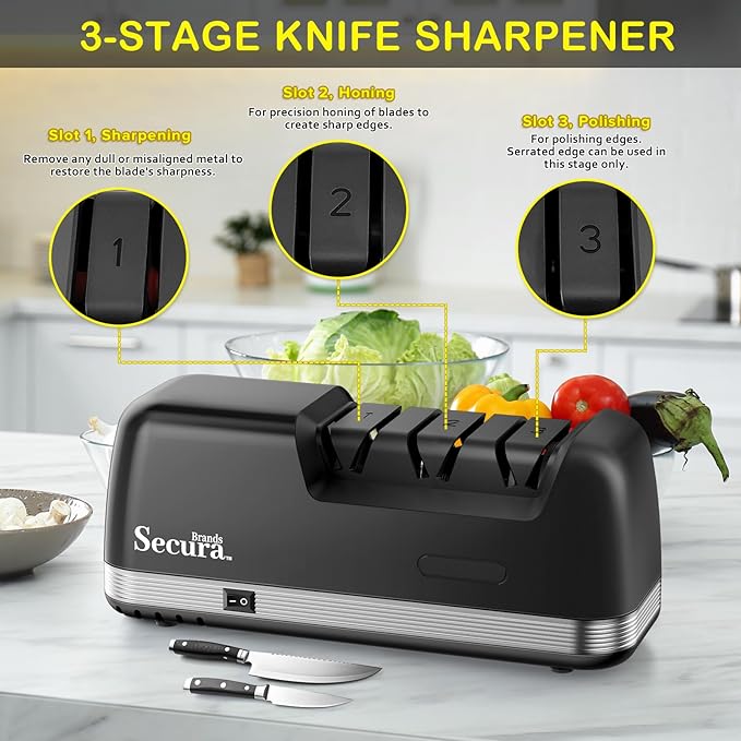 Secura 3-Stage Electric Knife Sharpener with Diamond Abrasives and Precision Angle Guides, Professional Sharpening Tool for Kitchen Straight Edge and Ceramic Knife, Black - Image 3