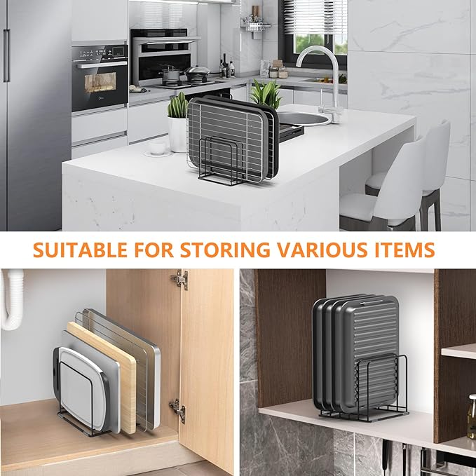KORRTFID Kitchen Cabinet Organizer, Steel Cookware Holder, Divided Holder with 5 Slots for Skillets Baking Tray and Chopping Board Rack - Baking Pan Holder Storage (2 PCS) - Image 7