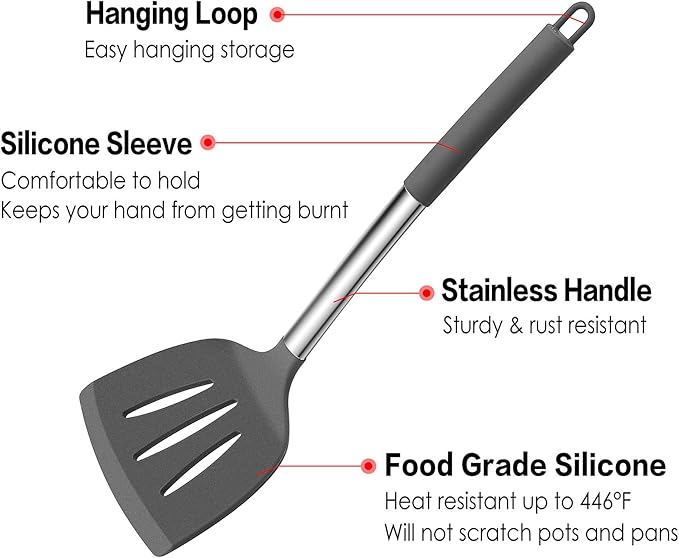 LIANYU 15-Piece Cooking Kitchen Utensils Set with Holder, Silicone Kitchen Tools Stainless Steel Handle, Slotted Spatula Spoon Turner Tong Whisk Brush for Cooking, Gray - Image 3