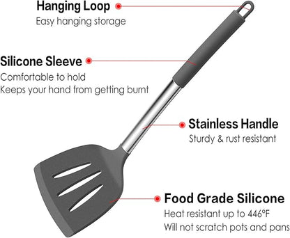 LIANYU 15-Piece Cooking Kitchen Utensils Set with Holder, Silicone Kitchen Tools Stainless Steel Handle, Slotted Spatula Spoon Turner Tong Whisk Brush for Cooking, Gray - Image 3