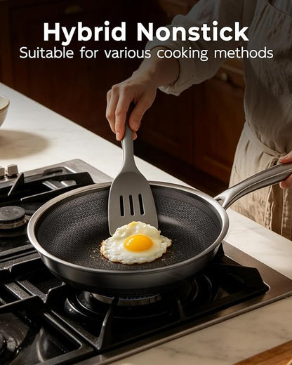FogDream 10 Inch Nonstick Frying Pan with Lid, Honeycomb Hybrid Stainless Steel Skillet, Tri-Ply Induction Compatible, Non Toxic Frying Pan, Oven Safe, Dishwasher Safe, Silver - Image 6