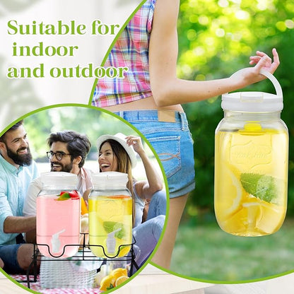 Teenyyou 2 Pcs Plastic Drink Dispensers for Parties Beverage Dispenser with Stand and Spigot Juice Lemonade Jars with Lid for Countertop Party Bar Picnics Water Tea, 2 Gallons Total