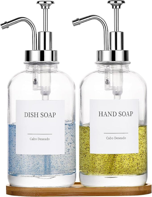 Glass Soap Dispenser with Pump, Dish and Hand Soap Dispenser for Kitchen Bathroom Set, Clear Glass Dispenser Set of 2 Pack with 18 Stickers Funnel Bamboo Tray 500ml 18oz / Each Bottle Sliver Pump by CaboDeseado
