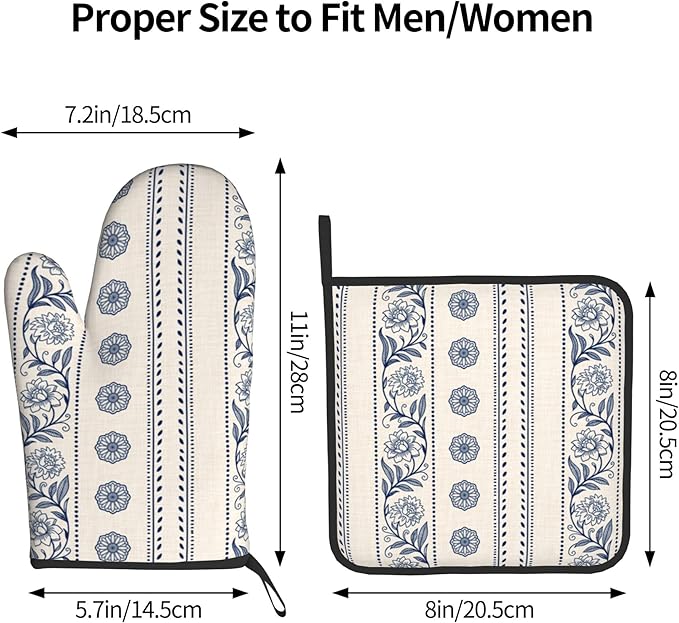 Boho Oven Mitts Set – Vintage Floral Pot Holders Kitchen Gloves for Women Bohemian Kitchen Mitts Potholders Set of 2 Durable for Cooking & Baking - Image 3