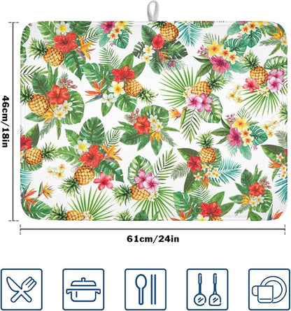 Summer Tropical Dish Drying Mat for Kitchen Counter Hawaii Palm Leaves Floral Pineapple Microfiber Dish Drainer Mat Rustic Absorbent Washable Drying Pad Extra Large 18"x24"