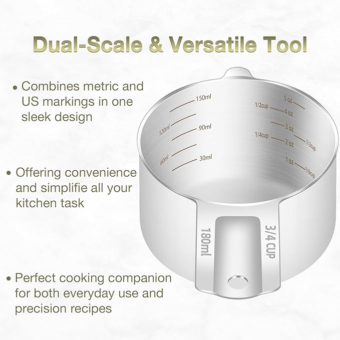 1PCS 3/4Cup (180ml, 6oz) Single Measuring Cup, Etched Inner Scale Stainless Steel Measure Scoop, Metric and US Measurement, Dishwasher Safe - Image 4