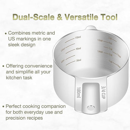 1PCS 3/4Cup (180ml, 6oz) Single Measuring Cup, Etched Inner Scale Stainless Steel Measure Scoop, Metric and US Measurement, Dishwasher Safe - Image 4