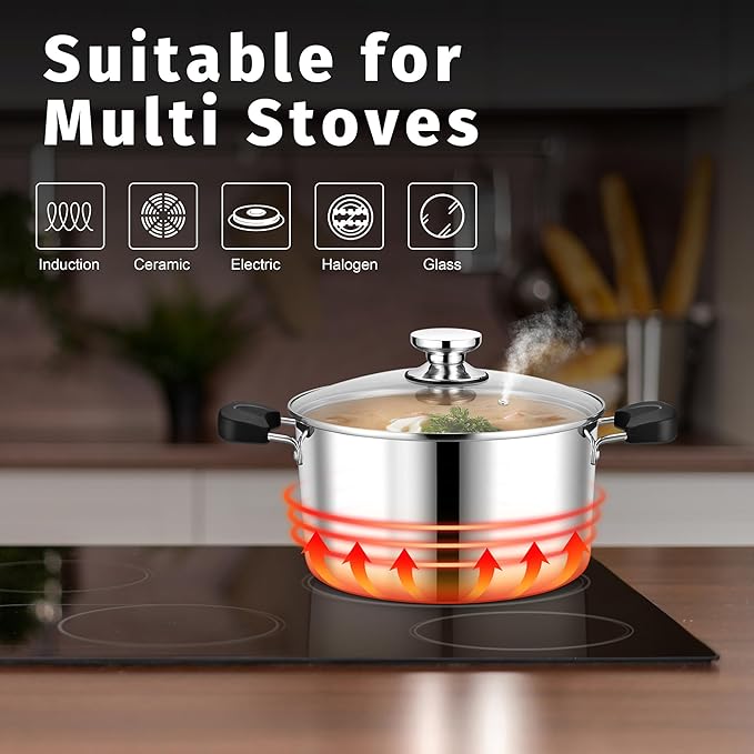 6 Quart 3-Ply Cooking Stock Pot with Lid, P&P CHEF Stainless Steel Large Pot for Pasta Soup, Work on Multi Stove, Heavy Duty & Dishwasher Safe, Dual Heat-resistant Handles & Transparent Glass Lid - Image 7