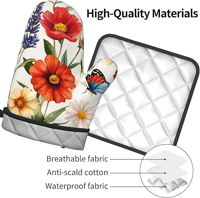 Cute Oven Mitts and Pot Holders Sets Poppy Daisy Flowers Kitchen Gloves Lavender Butterfly Hot Pads 2 Pieces Set Spring Summer Floral Kitchen Decor and Accessories - Image 9