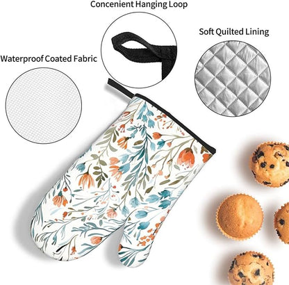 Teal Orange Watercolor Floral Oven Mitts and Pot Holders Sets of 3, Heat Resistant Non-Slip Washable, Chef Cooking Baking Gifts for Women Bakers, Burnt Orange Blue Green Flowers Charming Kitchen Decor - Image 6