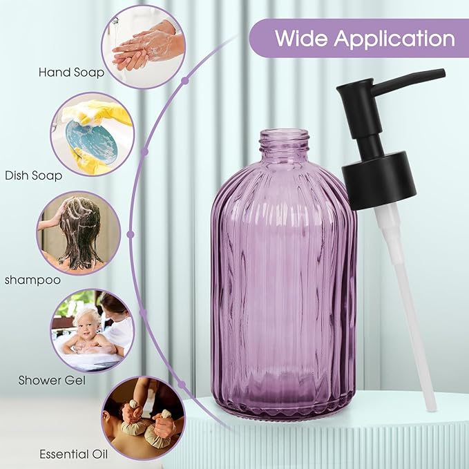 Topsky Stripe Glass Soap Dispenser with Black Plastic Pump, 400ml Liquid Hand Soap Dispenser, Rustproof Pump for Kitchen & Bathroom, Great for Lotions, Essential Oil, Liquid Soaps-Purple - Image 6