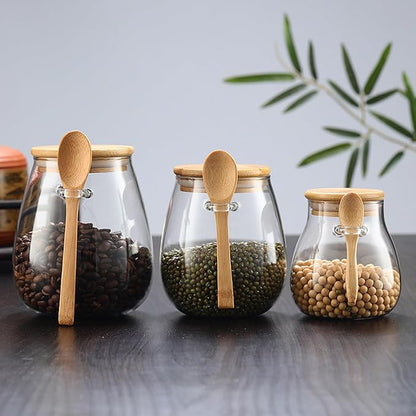 Airtight glass jar storage container with bamboo lid Set of 2, wide mouth, leak-proof, With a spoon, can be used for coffee beans, tea leaves, grains, dried fruits, etc (Small) - Image 3