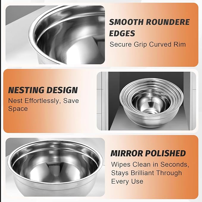 BEWOS Mixing Bowls with Lids Set - 5 Pcs Stainless Steel Mixing Bowls With 3 Grater Attachments, Size 4.5, 4, 3.5, 2.1, 1.5QT Metal Bowls for Baking and Serving (Colored) - Image 5