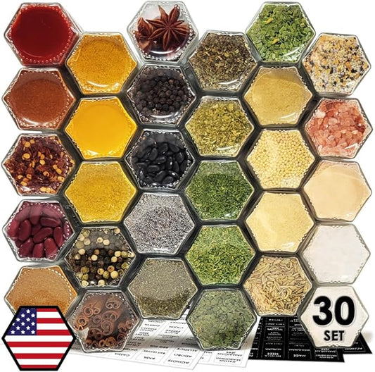 30 Set Magnetic Spice Jars for Refrigerator Hexagon Glass Spice Jars with Magnetic Lids, Shaker, Spice Labels, Magnetic Glass Spice Containers for RV Travel Trailer Kitchen Fridge Cabinet Wall mount