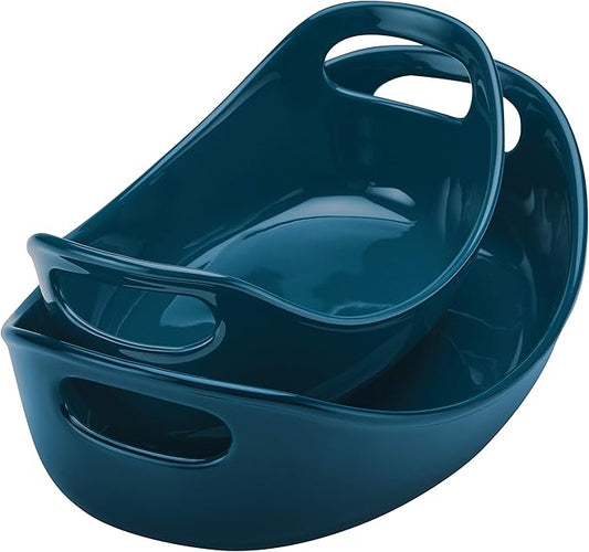 Rachael Ray Ceramics Bubble and Brown Oval Baker Set, 2-Piece, Marine Blue